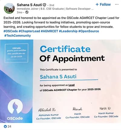 LinkedIn post from an OSCode chapter lead