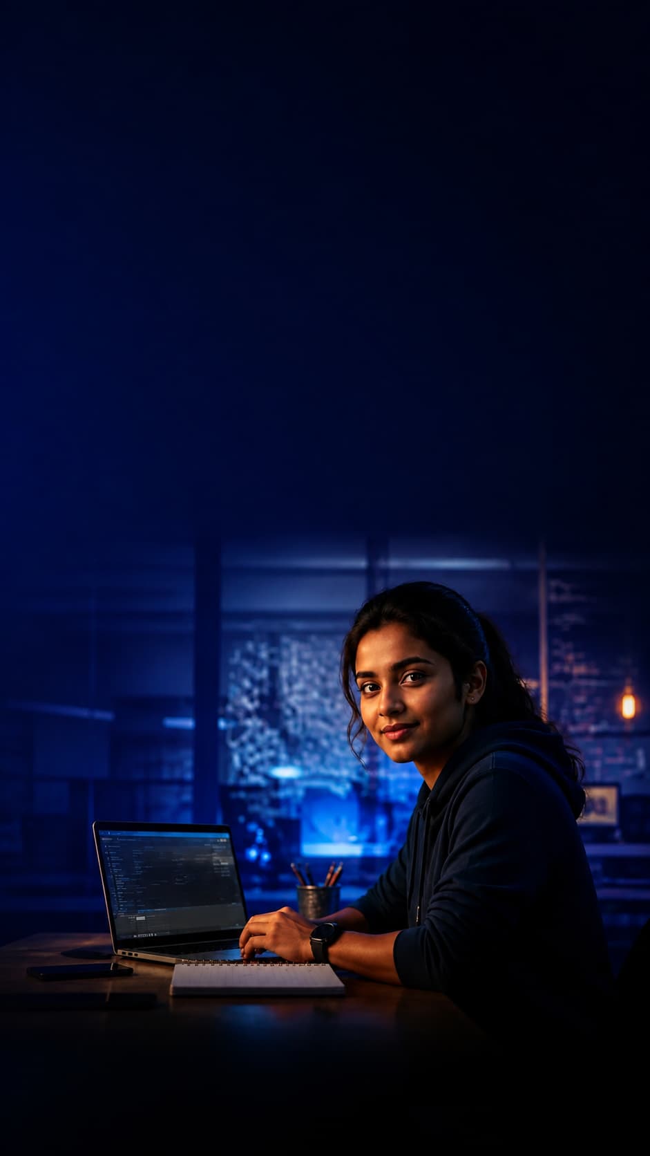 An engineering student building on a laptop in a campus lab at night